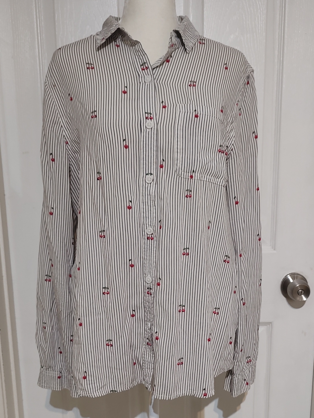 Beachlunchlounge White Pinstripe Shirt with Red Cherry Print
